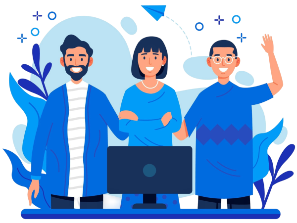 Illustration d'une équipe collaborant autour d'un poste de travail