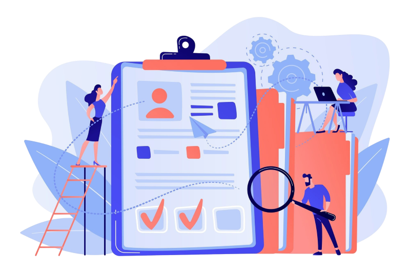 Illustration : des recruteurs trient des dossiers de candidature autour d'un CV géant